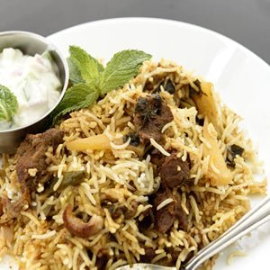 Turmeric Beef with Coriander, Pulao, and Raita - Sadaf.com