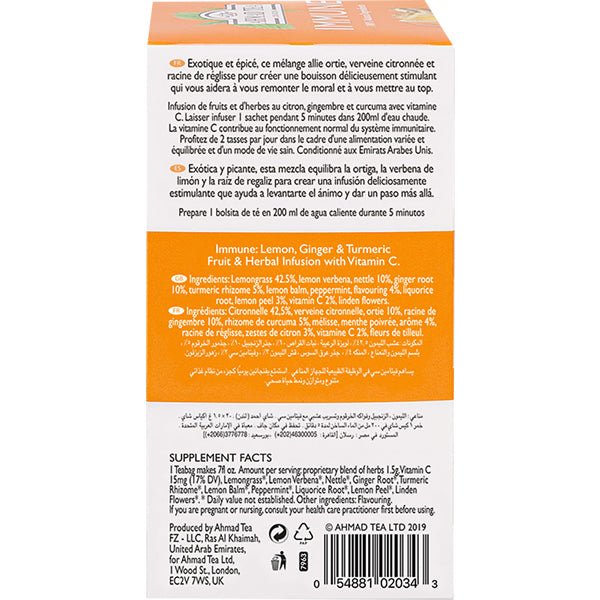 Ahmad Immune Herbal Tea - Lemon, Ginger & Turmeric with Vitamin C | 20 Foil Tea Bags - soofercoinc