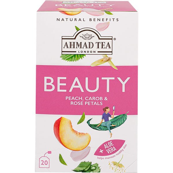 Ahmad Beauty Herbal Tea - Peach, Carob & Rose Petals with Aloe Vera | 20 Foil Tea Bags - soofercoinc