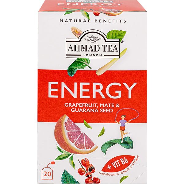 Ahmad Energy Herbal Tea - Grapefruit, Mate & Guarana Seed with Vitamin B6 | 20 Foil Tea Bags - soofercoinc