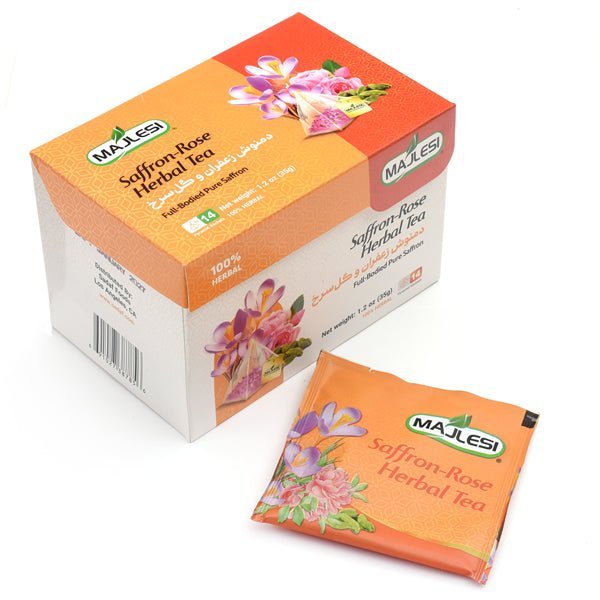 Majlesi Saffron Rose Herbal Tea | 14 Pyramid Sachets - Sadaf.com