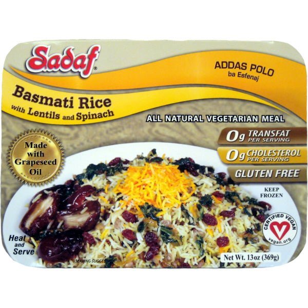 Sadaf Adas Polo | Basmati Rice with Lentils & Spinach | Frozen - 15 oz. - soofercoinc