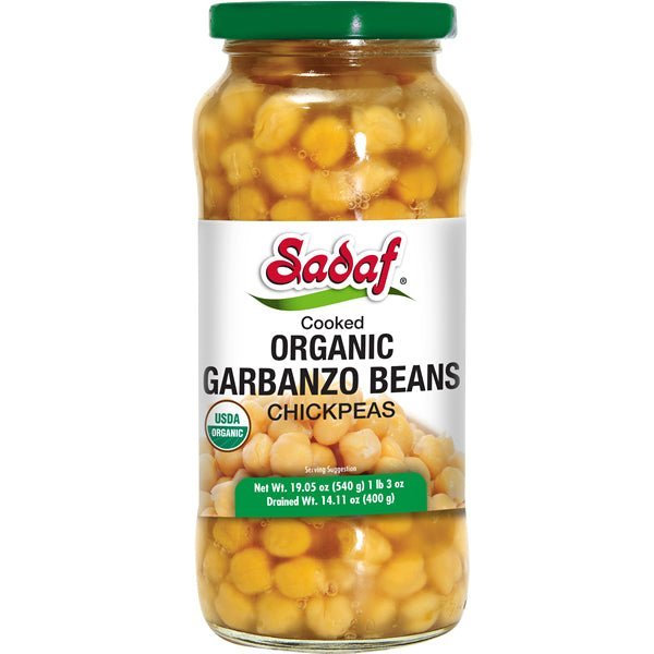 Sadaf Cooked Organic Garbanzo Beans in Jar | Chickpeas - 19.05 oz - soofercoinc