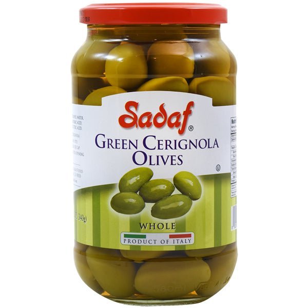 Sadaf Green Cerignola Sicilian Olives | Unpitted - 12 oz. - soofercoinc