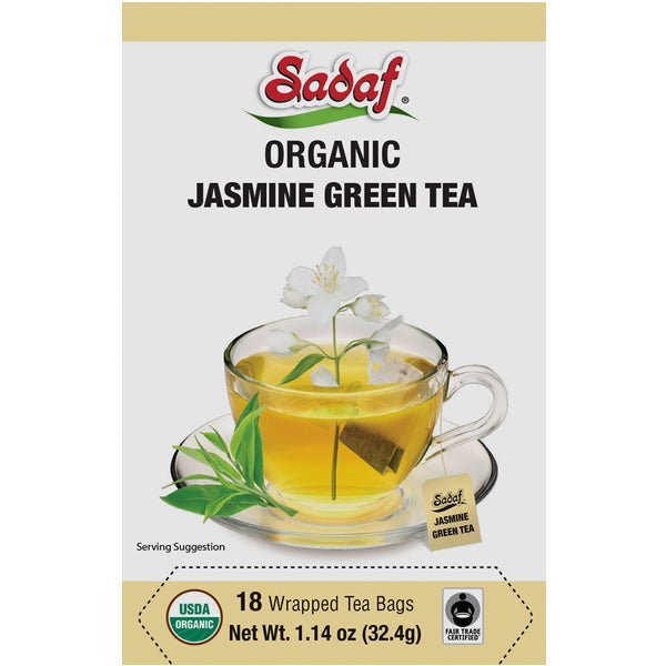 Sadaf Organic Jasmine Green Tea | 18 Wrapped Tea Bags - soofercoinc